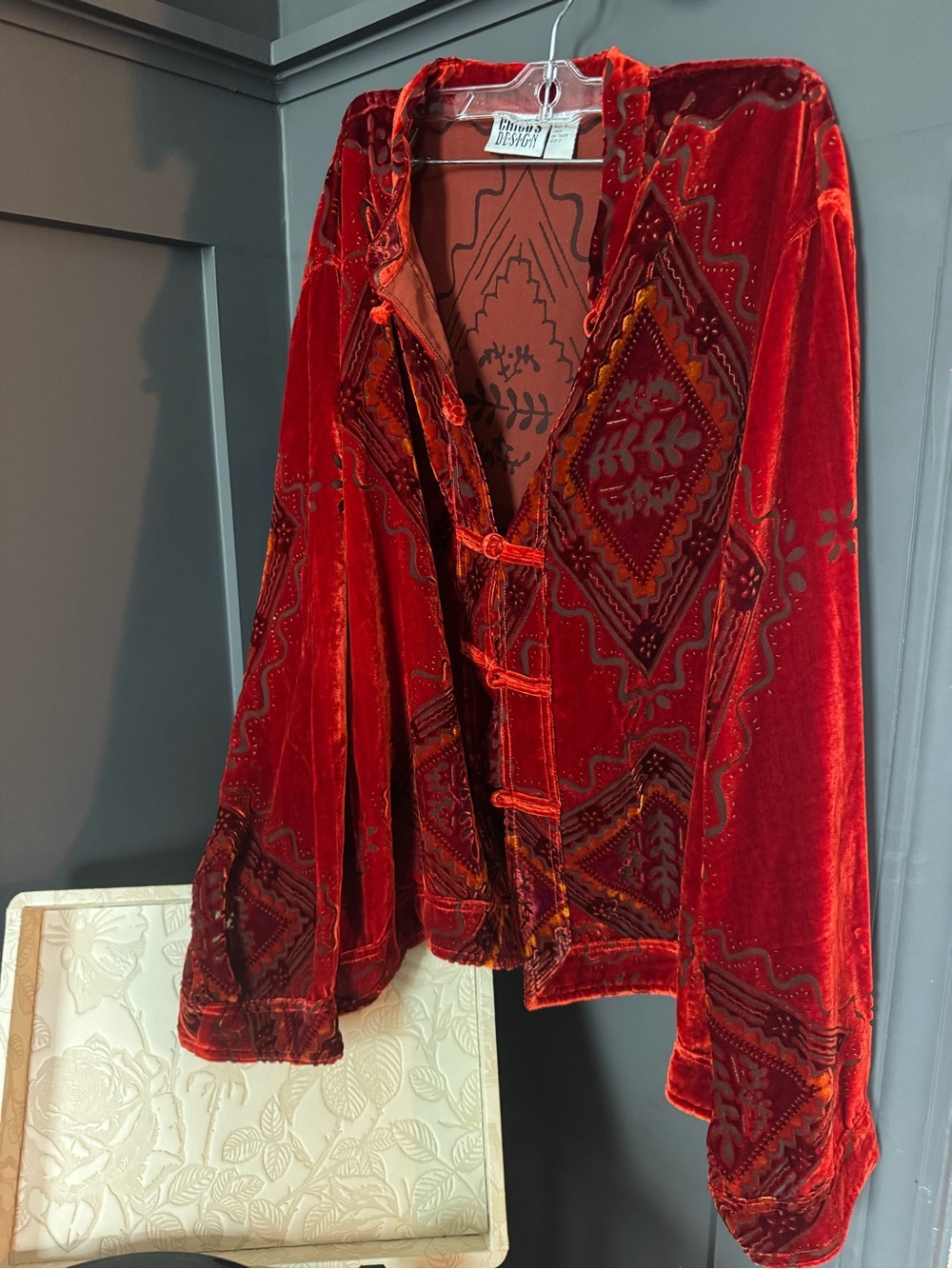 Chico's Red Velvet Embroidered Jacket - Picture 6 of 6